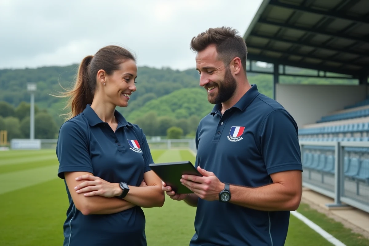 Coordinatrice du District de Football Haute-Loire accompagnant individuellement un éducateur lors d'une session de suivi personnalisé au bord d'un terrain