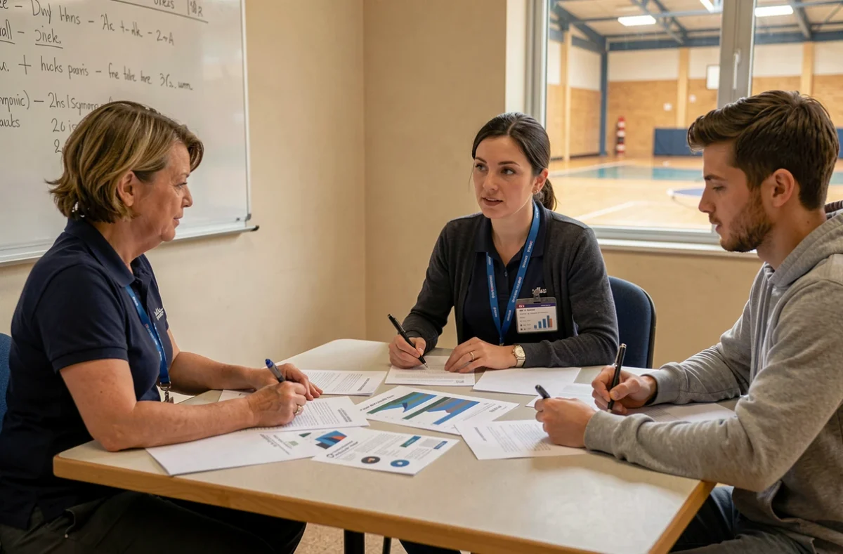 Coordinatrice de partenariat sportif de comté en réunion avec des partenaires locaux autour de documents dans une salle communautaire