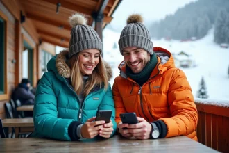 Couple souriant en ski devant montagnes enneigees