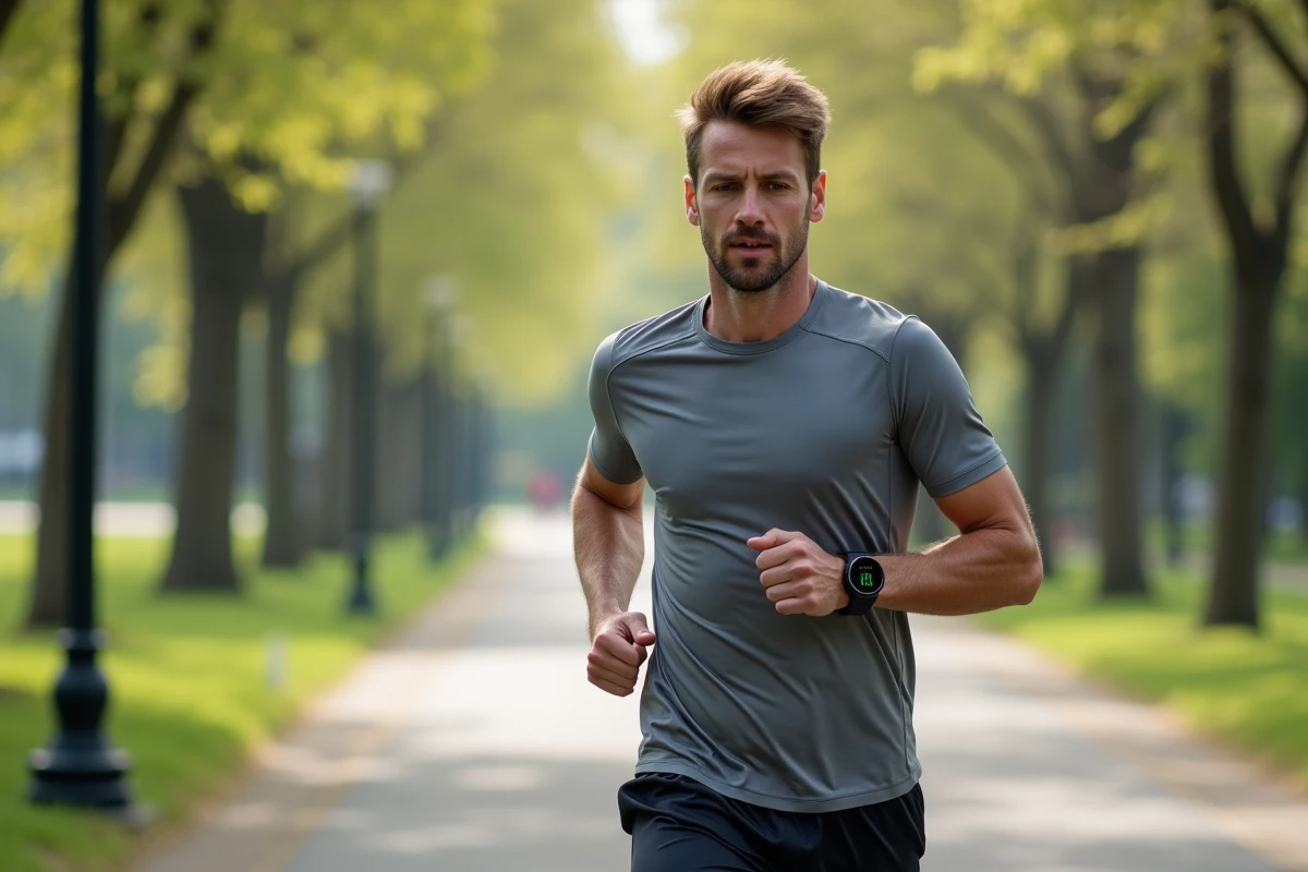Coureur masculin en pleine course vérifiant sa montre sportive