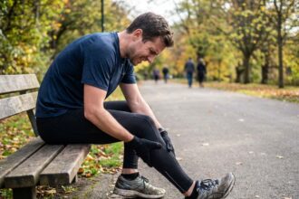 Coureur assis sur un banc massant son tibia douloureux pendant une sortie running en parc urbain
