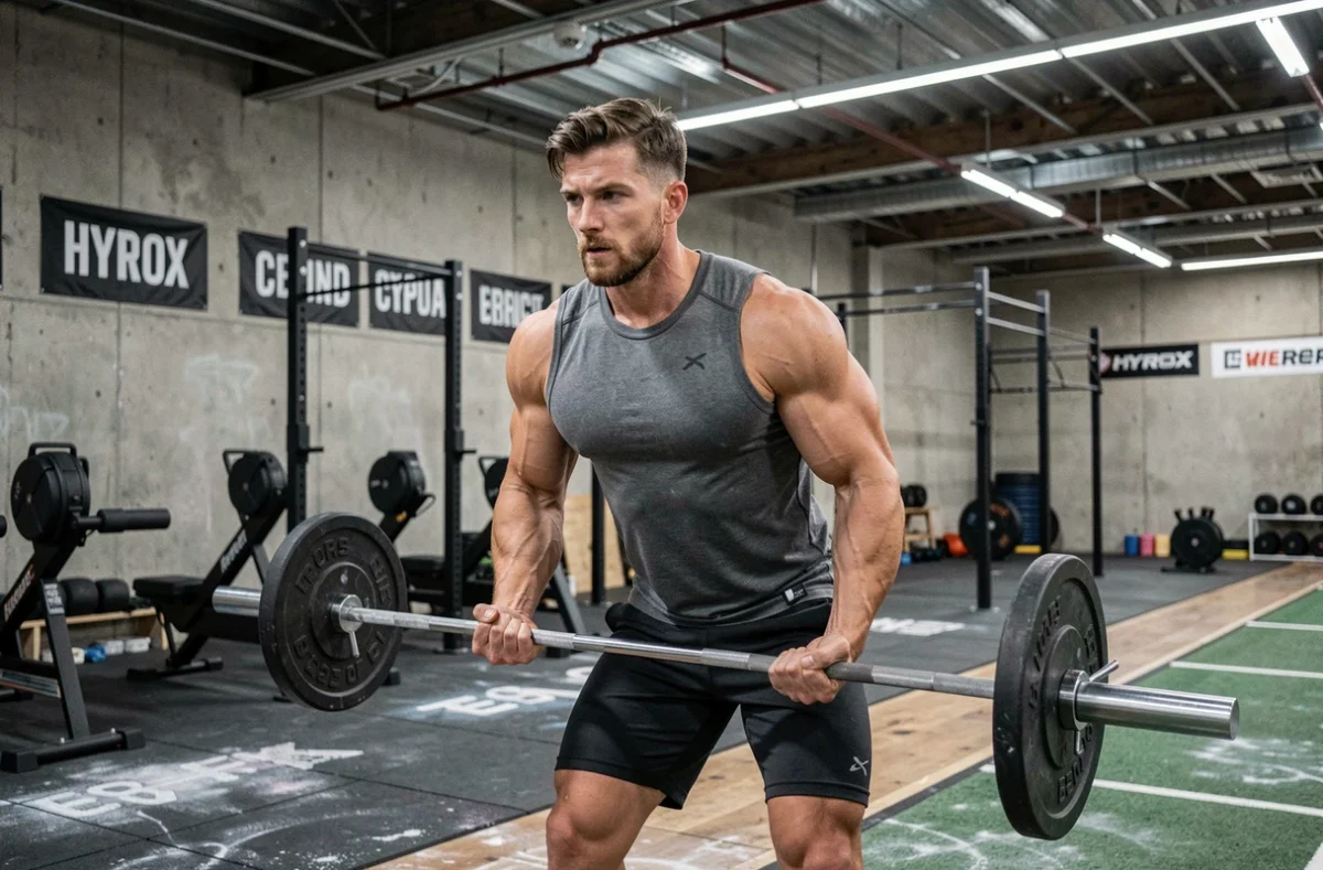 Athlète masculin soulevant une barre olympique dans une salle CrossFit et HYROX avec structure de tractions et turf en arrière-plan