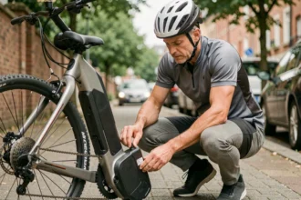 Cycliste inspectant la batterie de son vélo électrique sur une piste urbaine