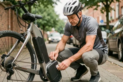 Cycliste inspectant la batterie de son vélo électrique sur une piste urbaine