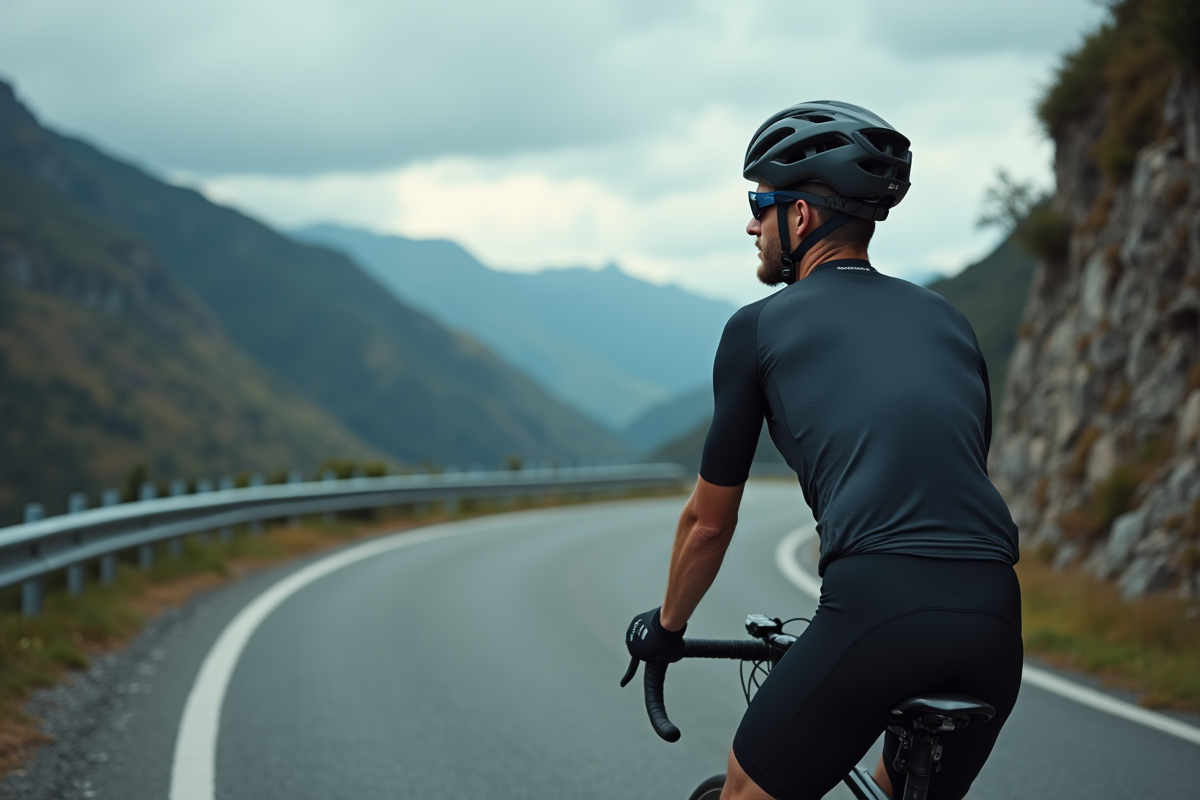 Cycliste homme sur route de montagne en introspection