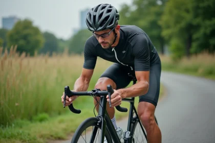 Homme en tenue de cyclisme ajuste sa chaîne dans un parc