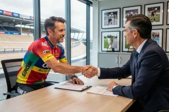 Cycliste professionnel signant un contrat avec un directeur sportif dans les bureaux d'une équipe professionnelle lors du mercato cyclisme 2026