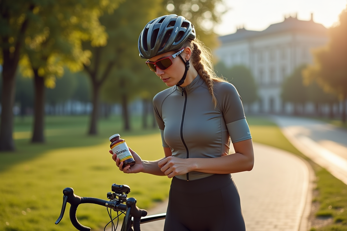 Cycliste vérifiant une bouteille de compléments omega3 dans le parc