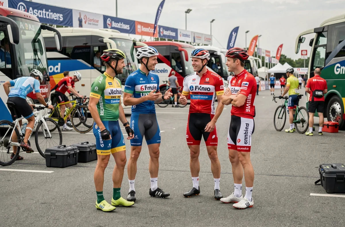 Groupe de cyclistes professionnels de différentes équipes discutant dans le paddock lors d'une course, illustrant les transferts du mercato cyclisme