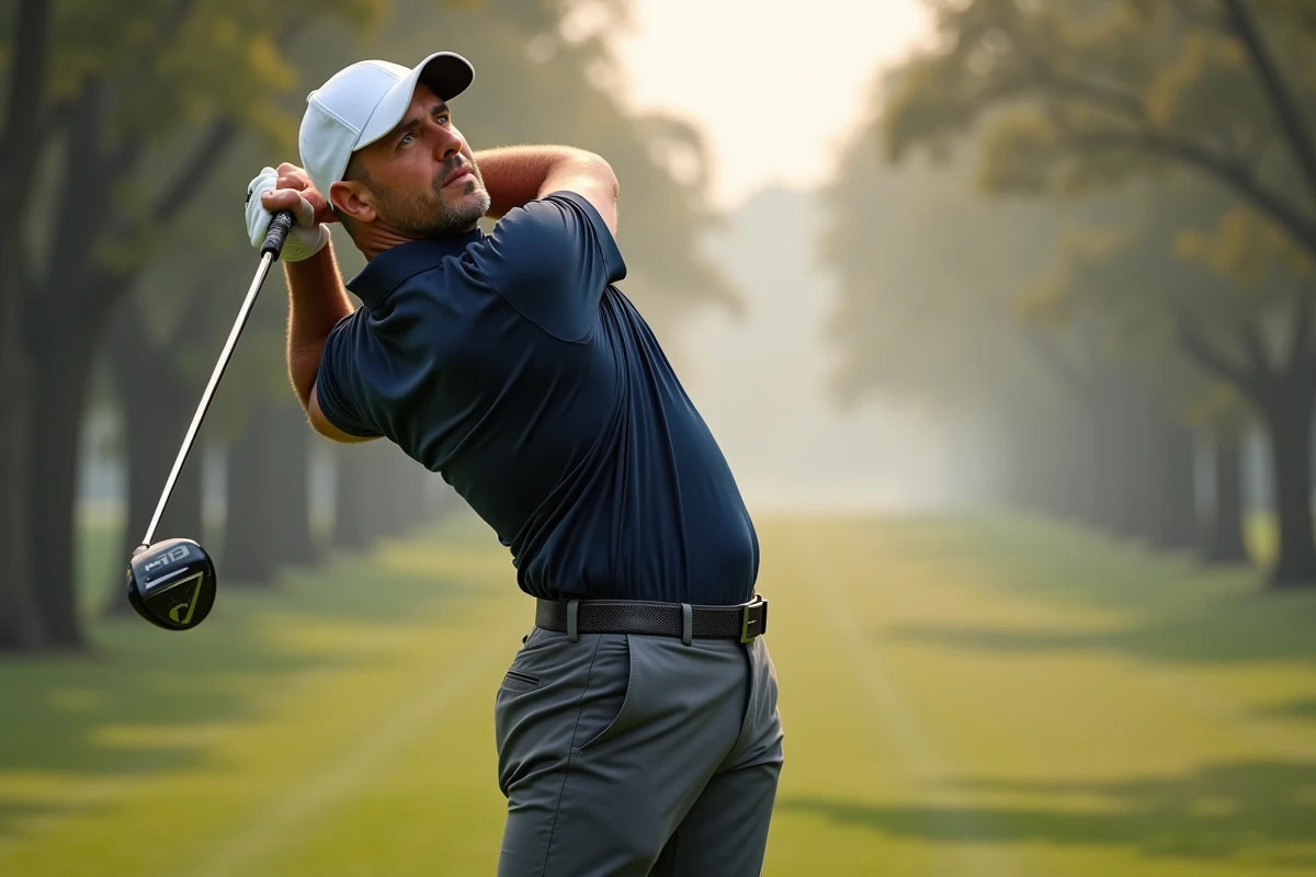 Homme débutant en golf effectuant un swing avec un driver sur un départ de trou