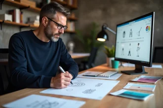 Designer graphique travaillant sur un logo minimaliste de club de football FC, entouré d'esquisses et de nuanciers Pantone dans un studio moderne