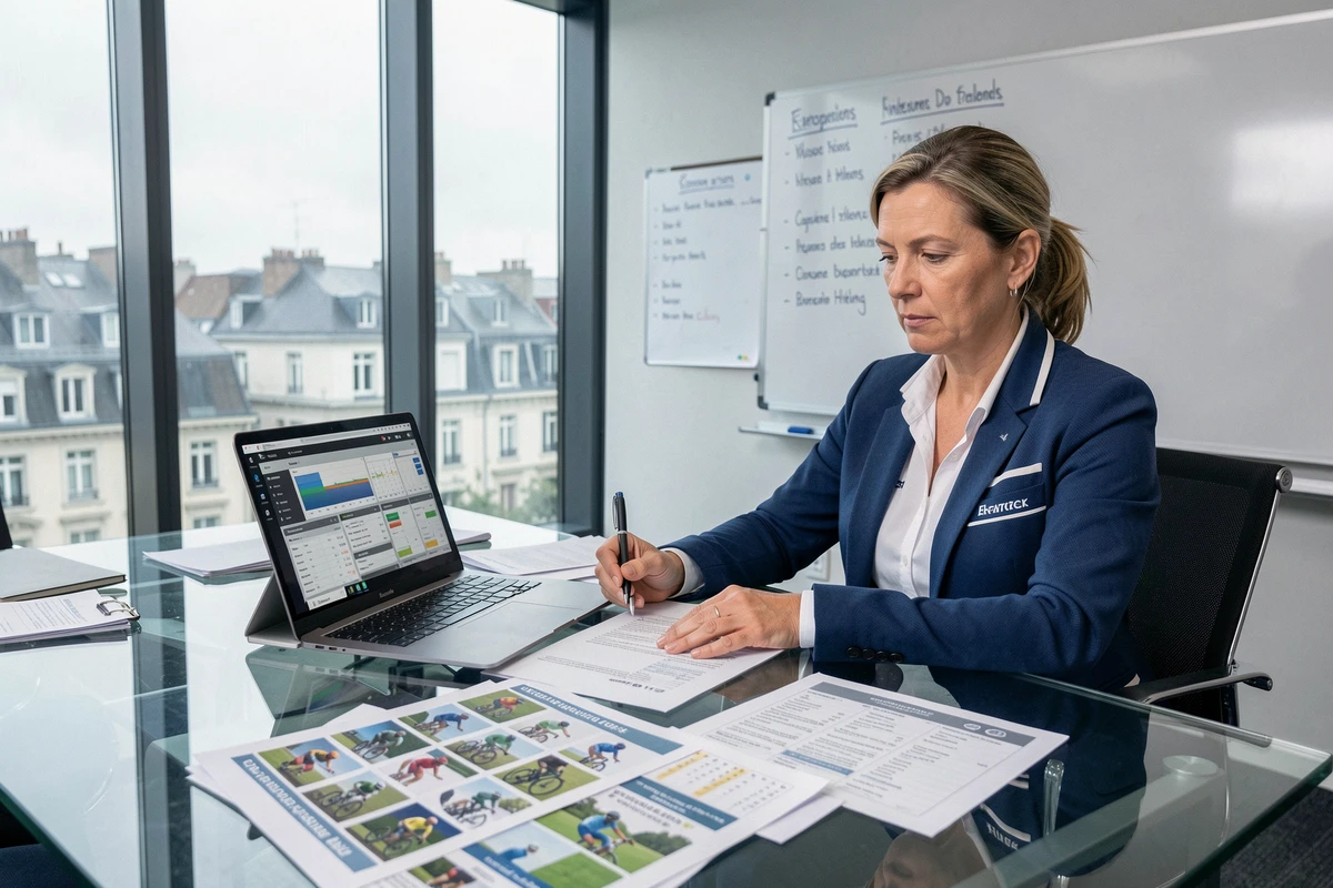Directrice sportive d'une équipe cycliste analysant des données de transfert et profils de coureurs pour la saison 2026