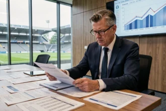 Dirigeant de club de football professionnel étudiant les budgets en baisse suite à la chute des droits TV de la Ligue 1