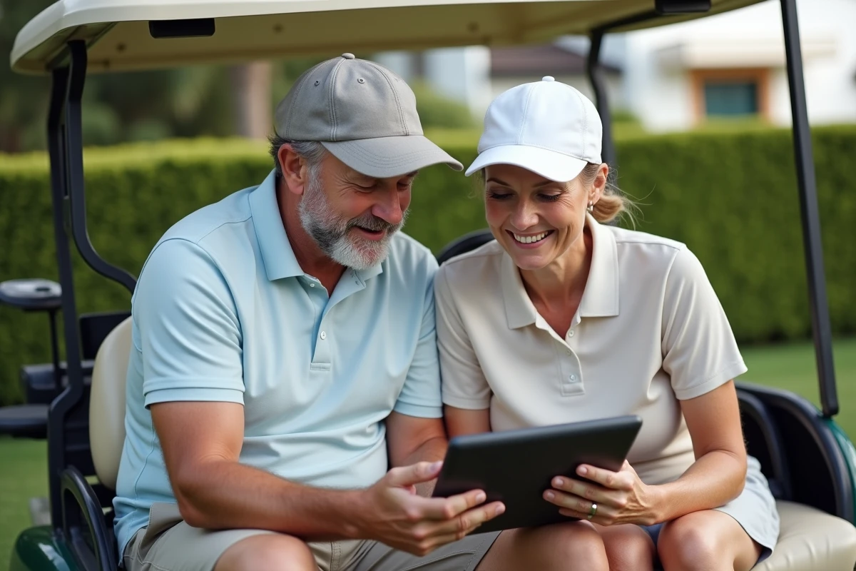 Deux golfeurs débutants consultant ensemble un blog d'apprentissage du golf sur une tablette près d'un parcours