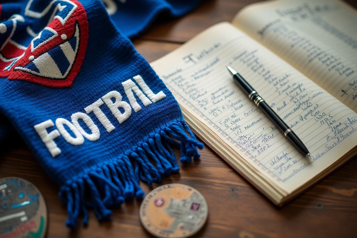 Écharpe du Racing Club de Strasbourg posée sur une table avec carnets de statistiques de classements de saisons passées