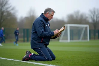 Éducateur de football du District Haute-Loire expliquant un exercice tactique à un groupe de formateurs sur un terrain d'entraînement en Auvergne
