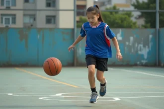 Élève de collège en cours d'EPS pratiquant le basketball sur un terrain extérieur, illustrant les attendus de fin de cycle en activités physiques sportives