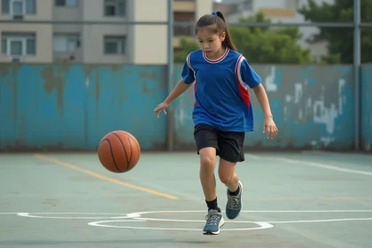 Élève de collège en cours d'EPS pratiquant le basketball sur un terrain extérieur, illustrant les attendus de fin de cycle en activités physiques sportives