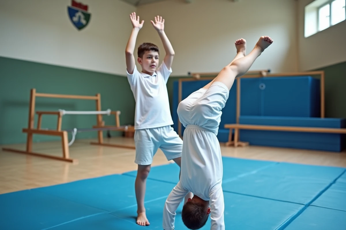 Deux collégiens en cours d'EPS réalisant un exercice de gymnastique sur tapis bleu dans un gymnase scolaire, illustrant les compétences attendues en fin de cycle