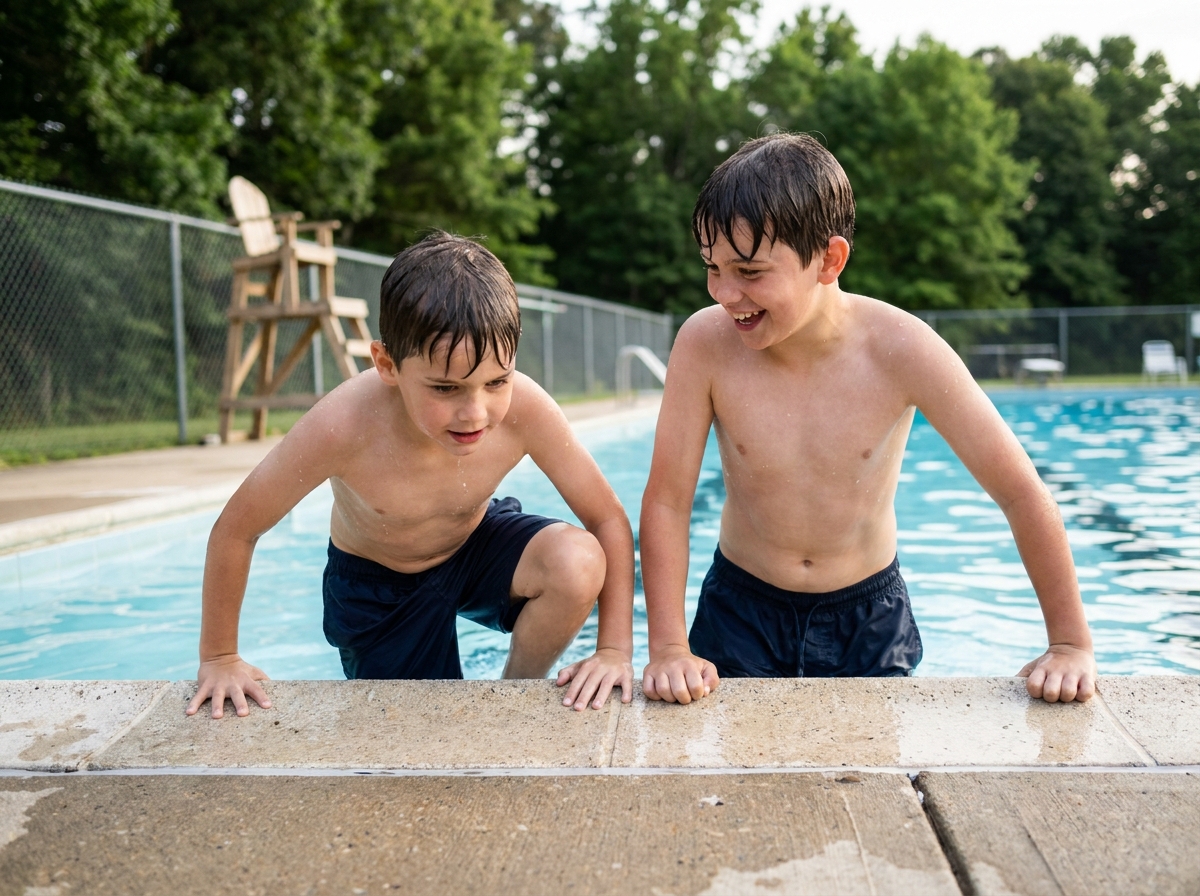 Deux garçons joyeux s'accrochant au bord d'une piscine extérieure pendant leurs cours de natation en été