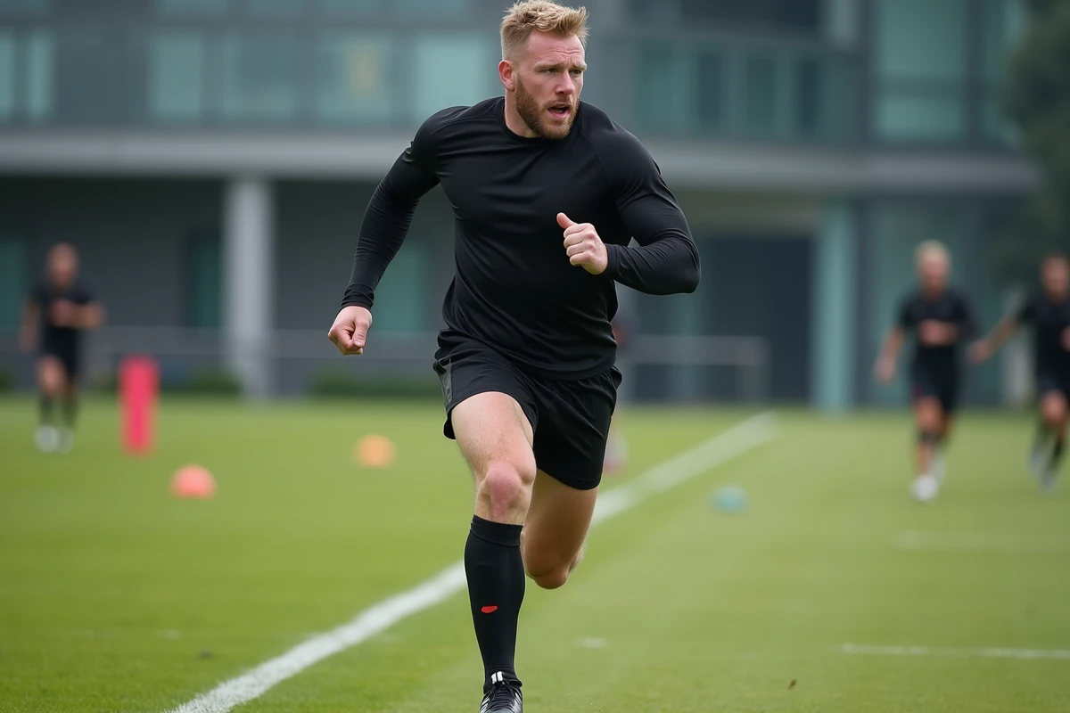 Joueur des All Blacks en plein sprint lors d'un entraînement intensif sur le terrain d'entraînement