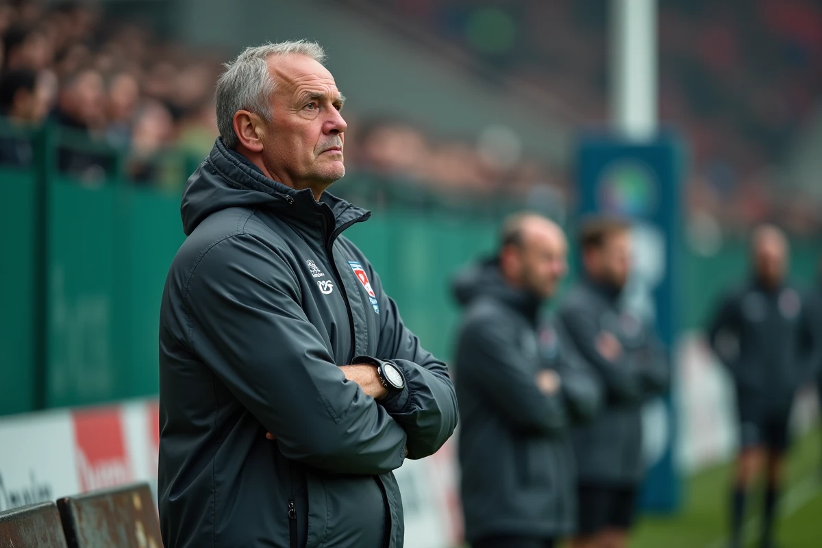 Entraîneur de rugby Fédérale 2 sur la touche lors d'un match de la saison 2026, expression concentrée, veste de club, atmosphère de compétition régionale