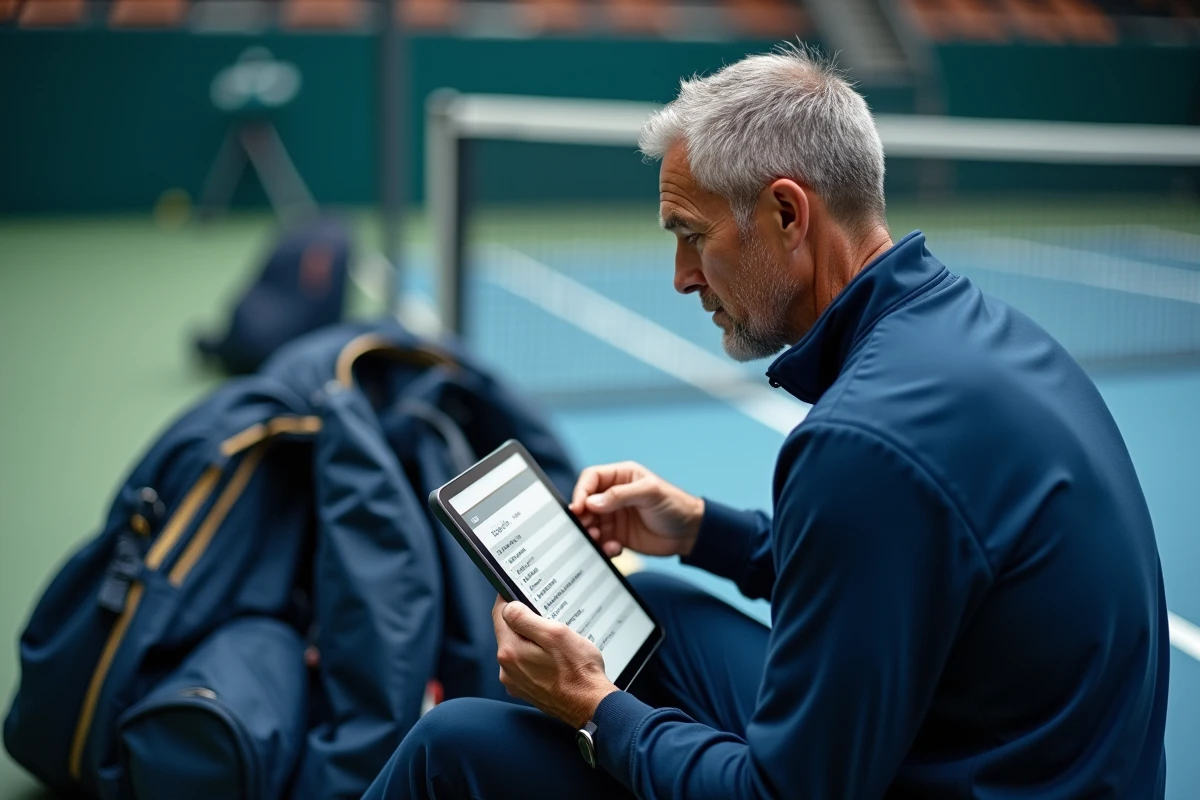 Entraîneur de tennis analysant la répartition des points de classement sur une tablette dans un centre d'entraînement
