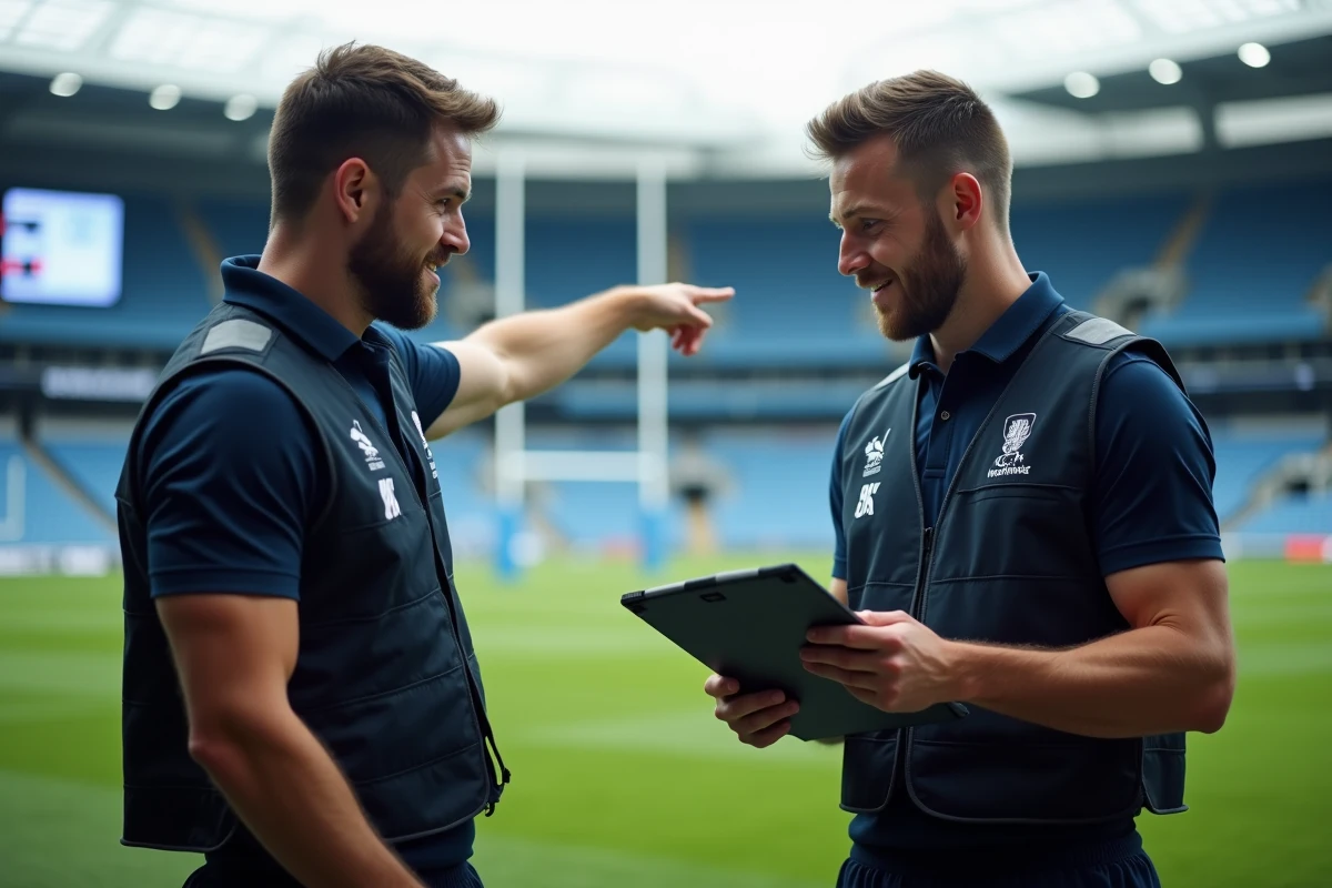 Entraîneurs de l'équipe nationale de rugby U20 au bord du terrain lors d'une demi-finale internationale