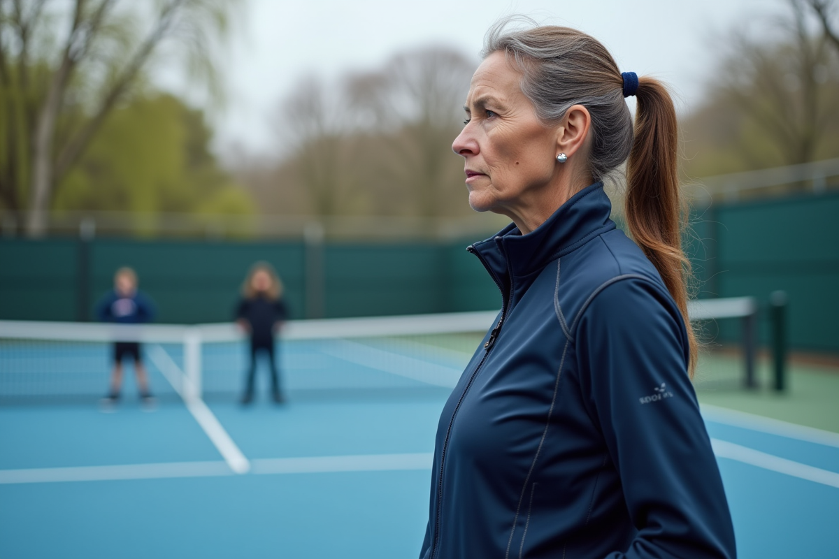Entraîneure de tennis observant des jeunes sur un court dur au début de saison