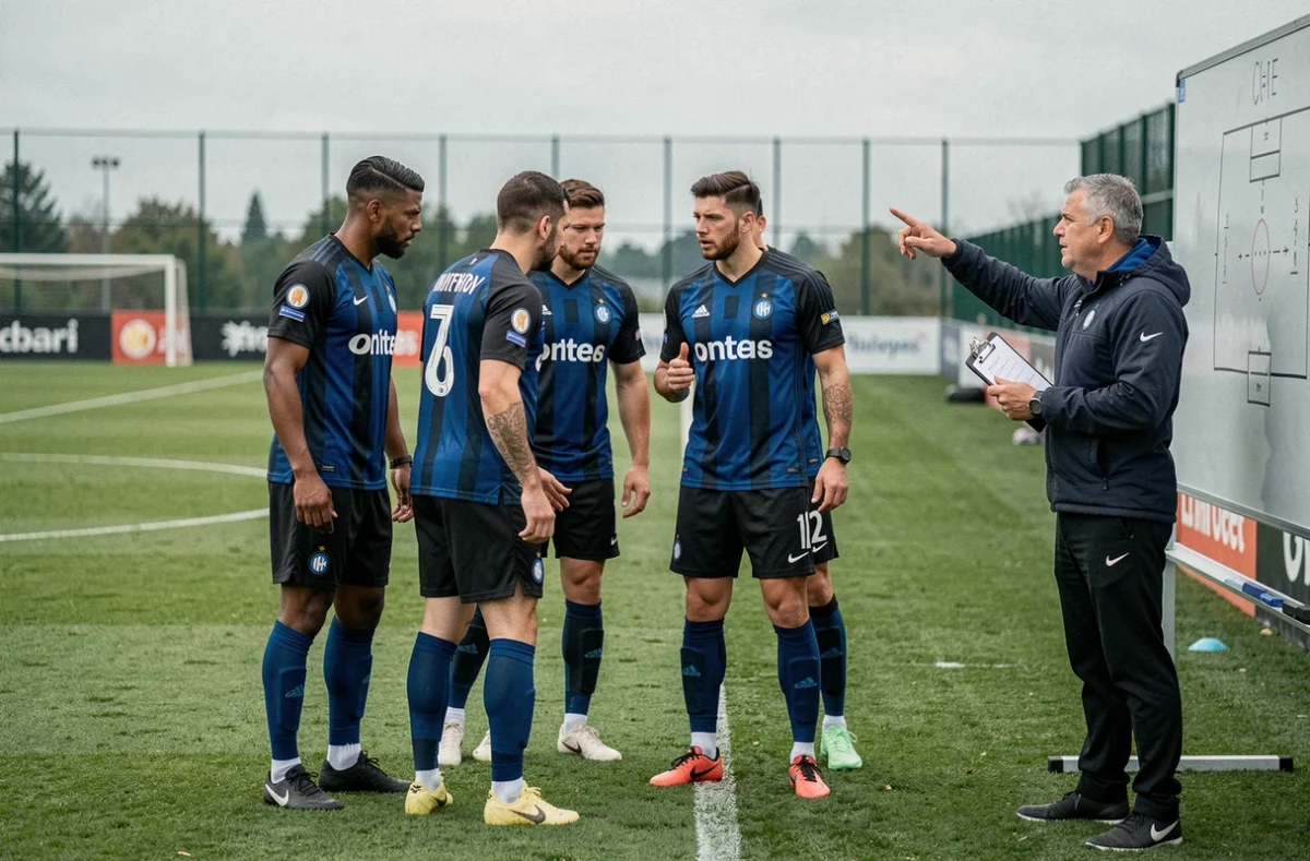 Groupe de joueurs de l'Inter Milan en discussion tactique lors d'une séance d'entraînement collective