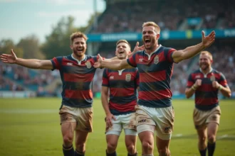 Groupe de joueurs de rugby masculins en pleine célébration sur le terrain