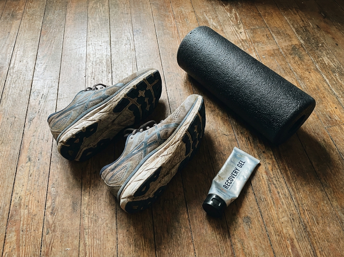 Chaussures de running usées, foam roller et gel de récupération pour soulager la douleur au tibia