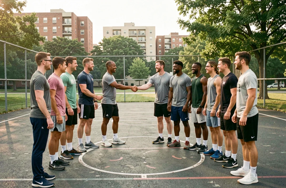 Deux équipes de basket loisir se serrant la main après un match sur un terrain extérieur urbain