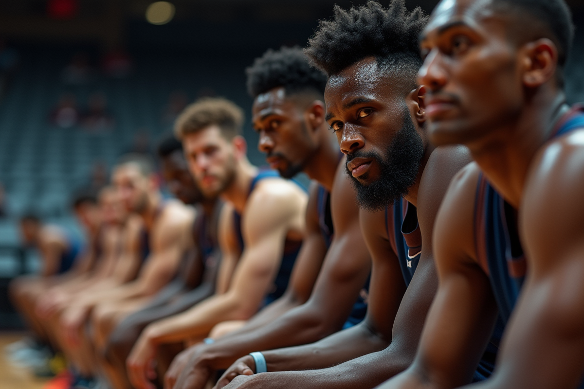 Joueurs de basket fatigués sur le banc lors d'une pause