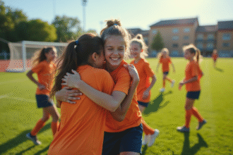 Jeunes filles de football célébrant leur but sur le terrain