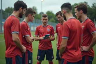 Groupe de joueurs de football amateur autour d'un coach montrant un classement sur tablette