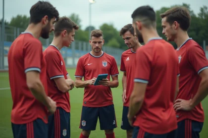 Groupe de joueurs de football amateur autour d'un coach montrant un classement sur tablette