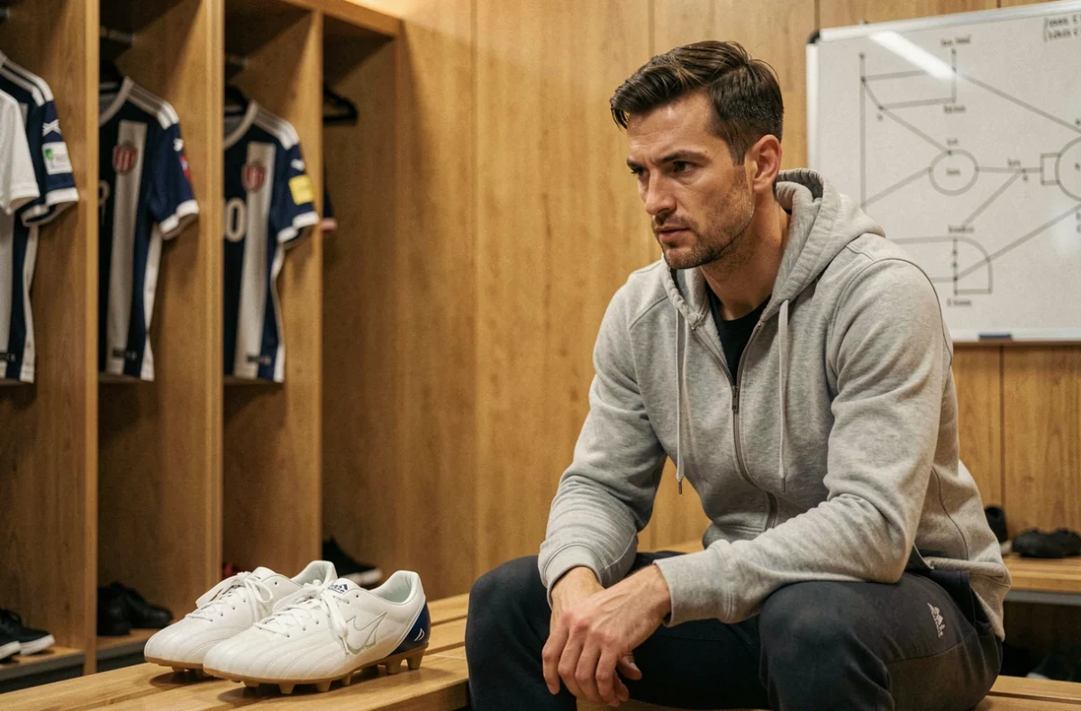 Ancien footballeur professionnel assis seul dans un vestiaire moderne, contemplant ses crampons, symbolisant la réflexion sur un possible retour en compétition