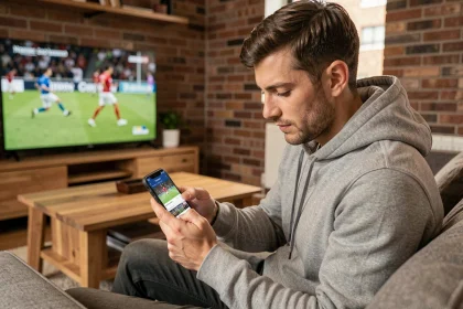 Fan de sport connecté consultant l'actualité sportive sur son smartphone via l'application Sportrip dans son salon