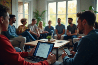 Fans de sport discutant en ligne dans un salon lumineux