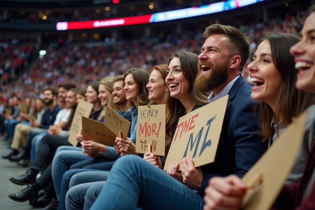 Fans enthousiastes avec pancartes dans une arene sportive