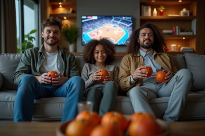 Groupe de fans sportifs regardant un match de basketball à la maison