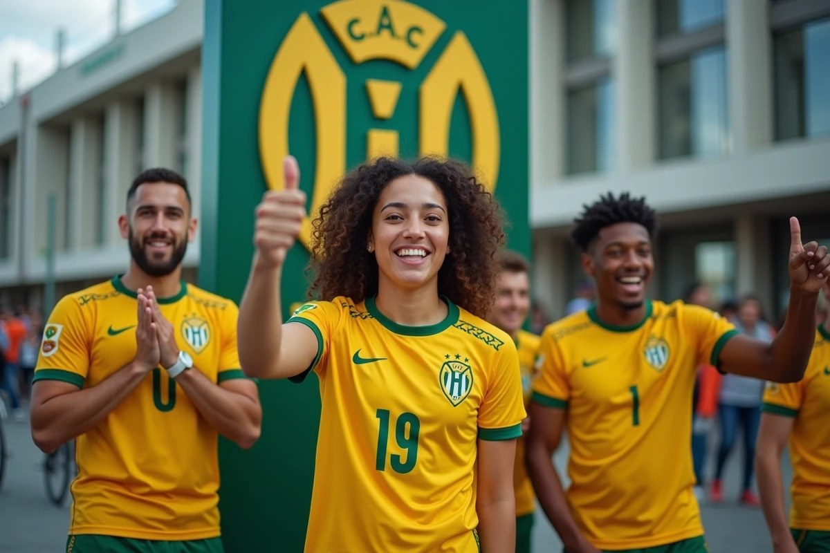 Jeunes supporters en maillots jaunes et verts devant stade Nantes