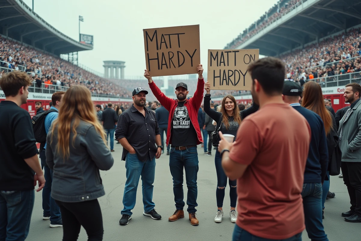 Fans de catch devant un stade avec banderoles et signes