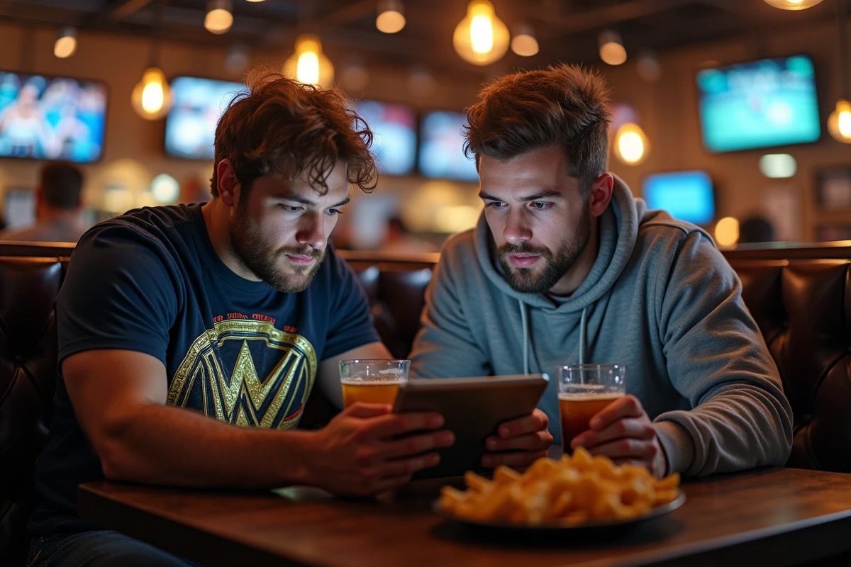 Deux fans de catch WWE discutant de rumeurs et de fuites sur une tablette dans un bar sportif