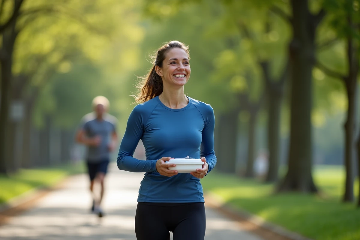 Femme sportive souriante avec repas dans un parc urbain