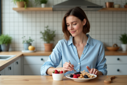 Femme en cuisine préparant un snack sain avec yaourt et fruits