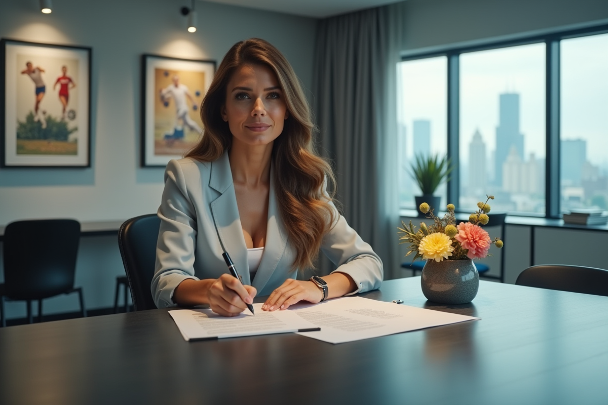 Femme athlète signant un contrat dans un bureau moderne