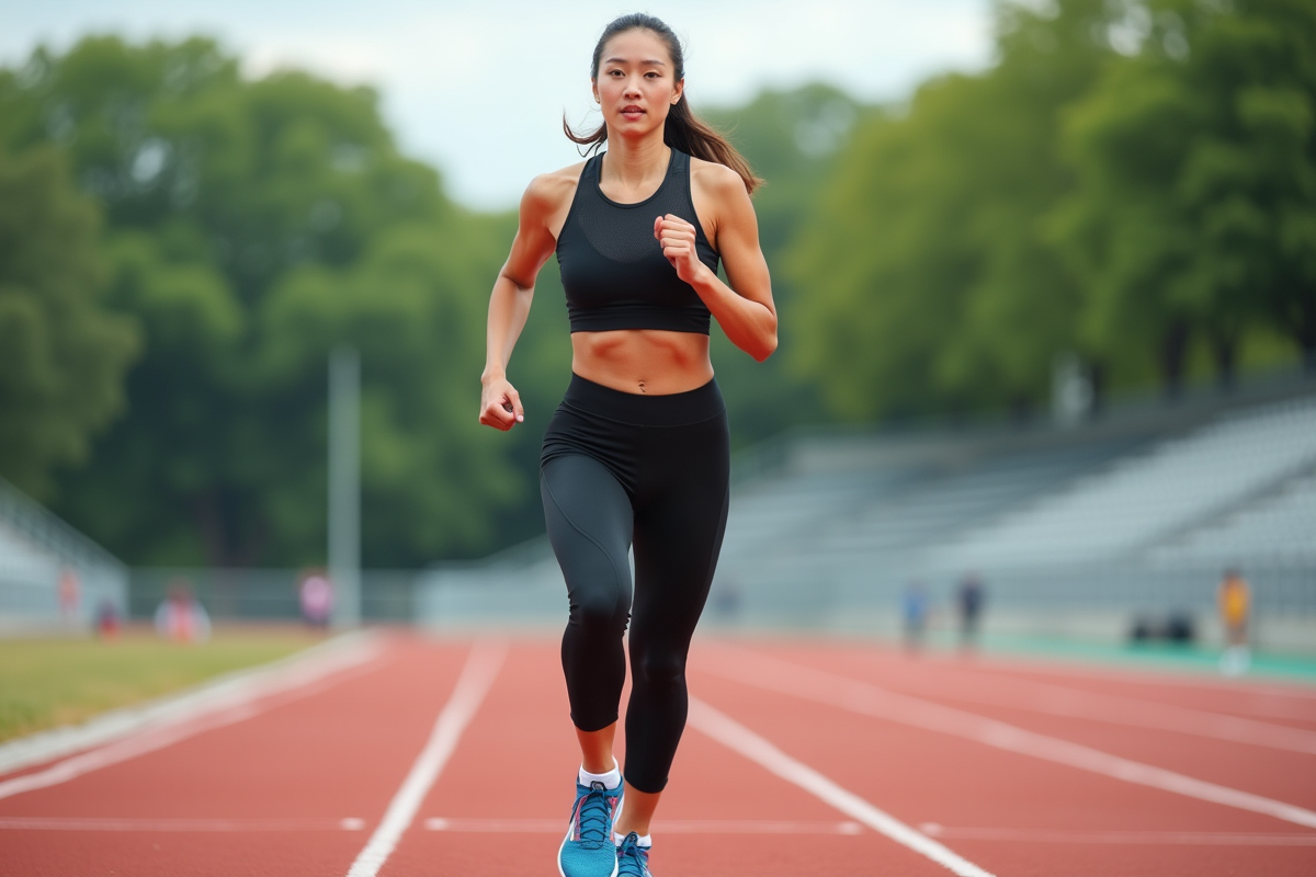 Femme sportive en pleine course sur piste extérieure