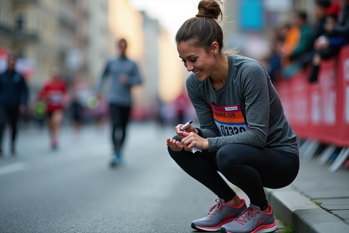 Femme souriante écrivant ses temps de course au marathon